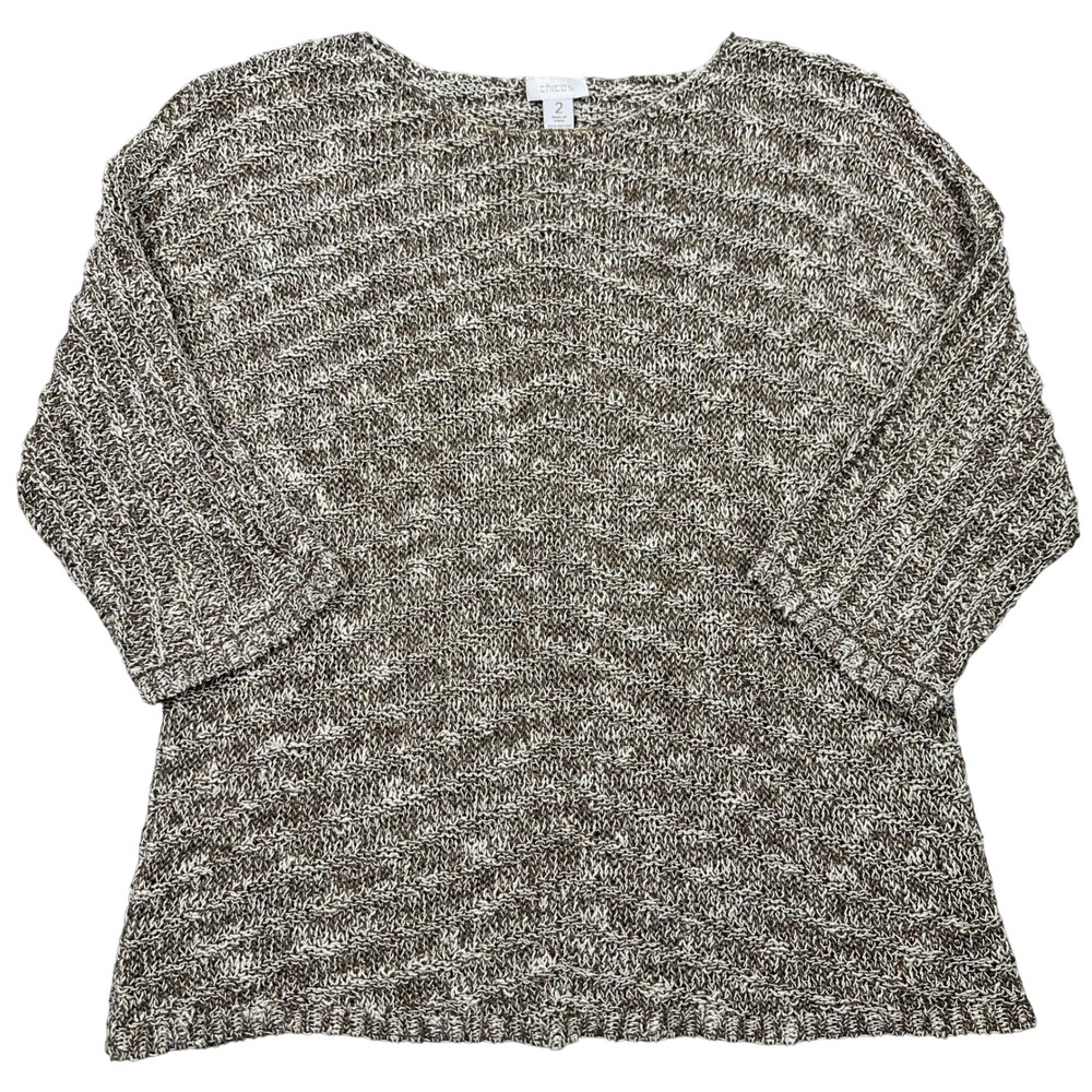 Chicos 2 Tan Cream White Metallic Open‎ Knit 3/4 Sleeve Boat Neck Sweater Top